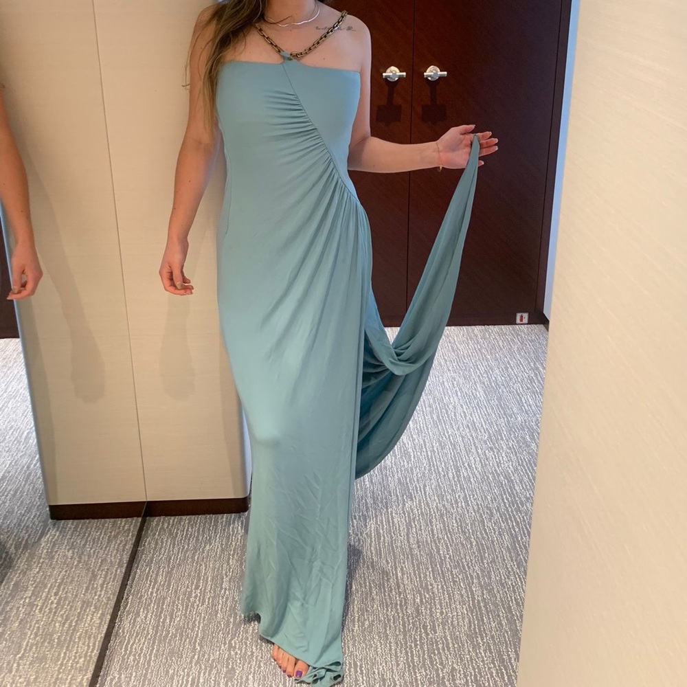 Pale blue chain-link halterneck evening dress from PINKO, chain-link detailing.